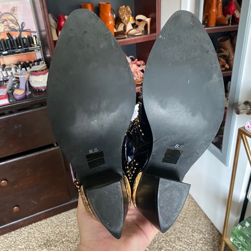 Jeffrey Campbell Black Patent Studded Cutout Ankle Booties with Gold Trim - Picture 5 of 5